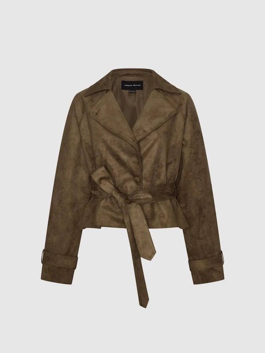 Tie Waist Lapel Cuffed Long Sleeve Cropped Jacket