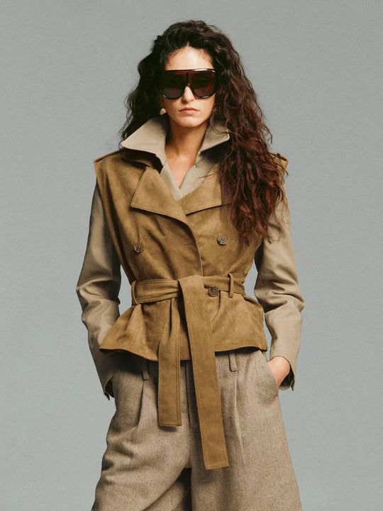 Gilet croisé sans manches à col chemise et taille nouée