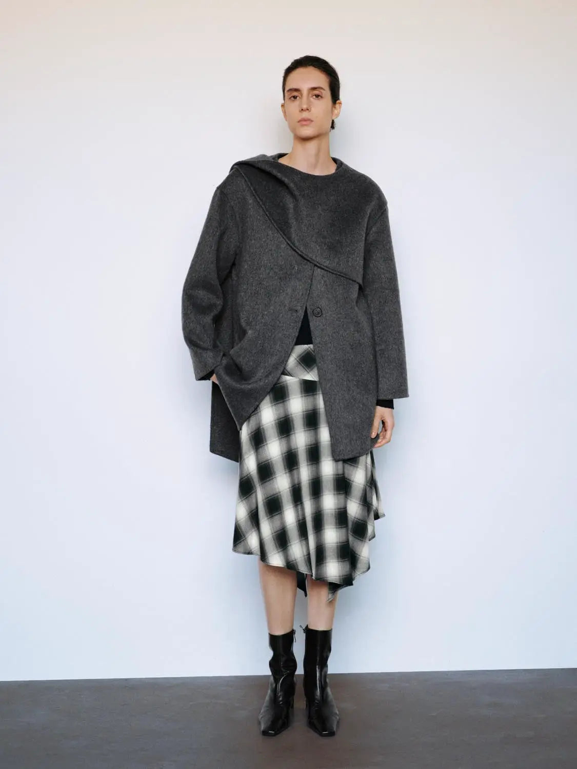 Coat, gray wool-blend, oversized with draped front.