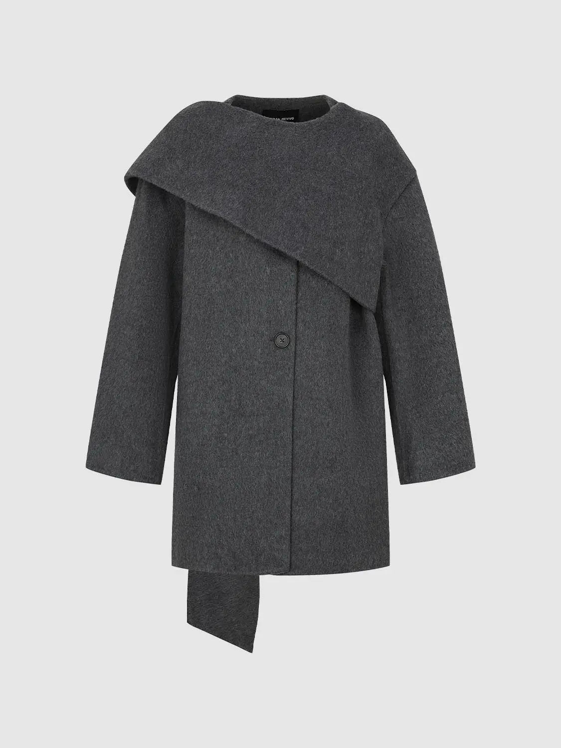 Coat with asymmetric draped front in gray wool, single-button closure.