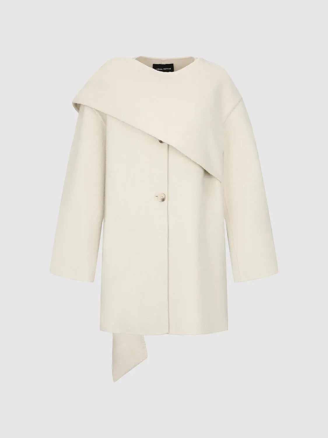 Coat, cream color with diagonal wrap overlay, Urban Revivo Fashion.