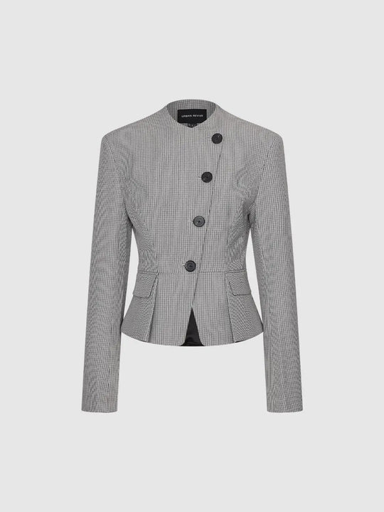 Button Checked Peplum Fitted Long Sleeve Jacket