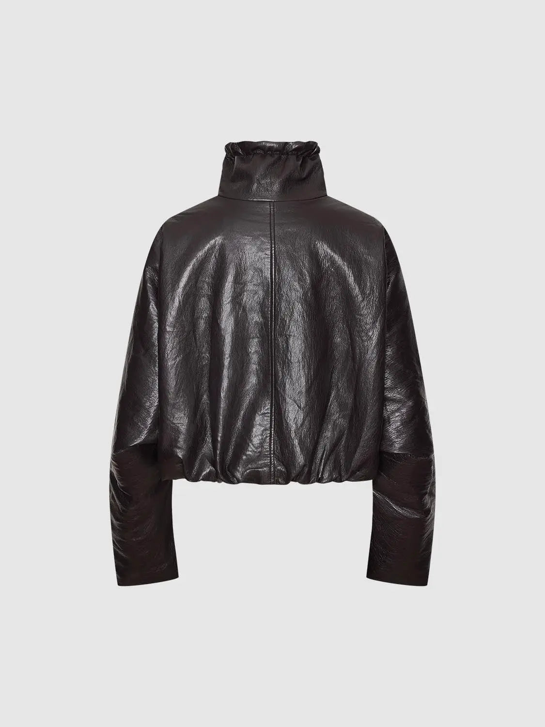Jacket, black leather-look with stand-up collar and cropped elastic hem.