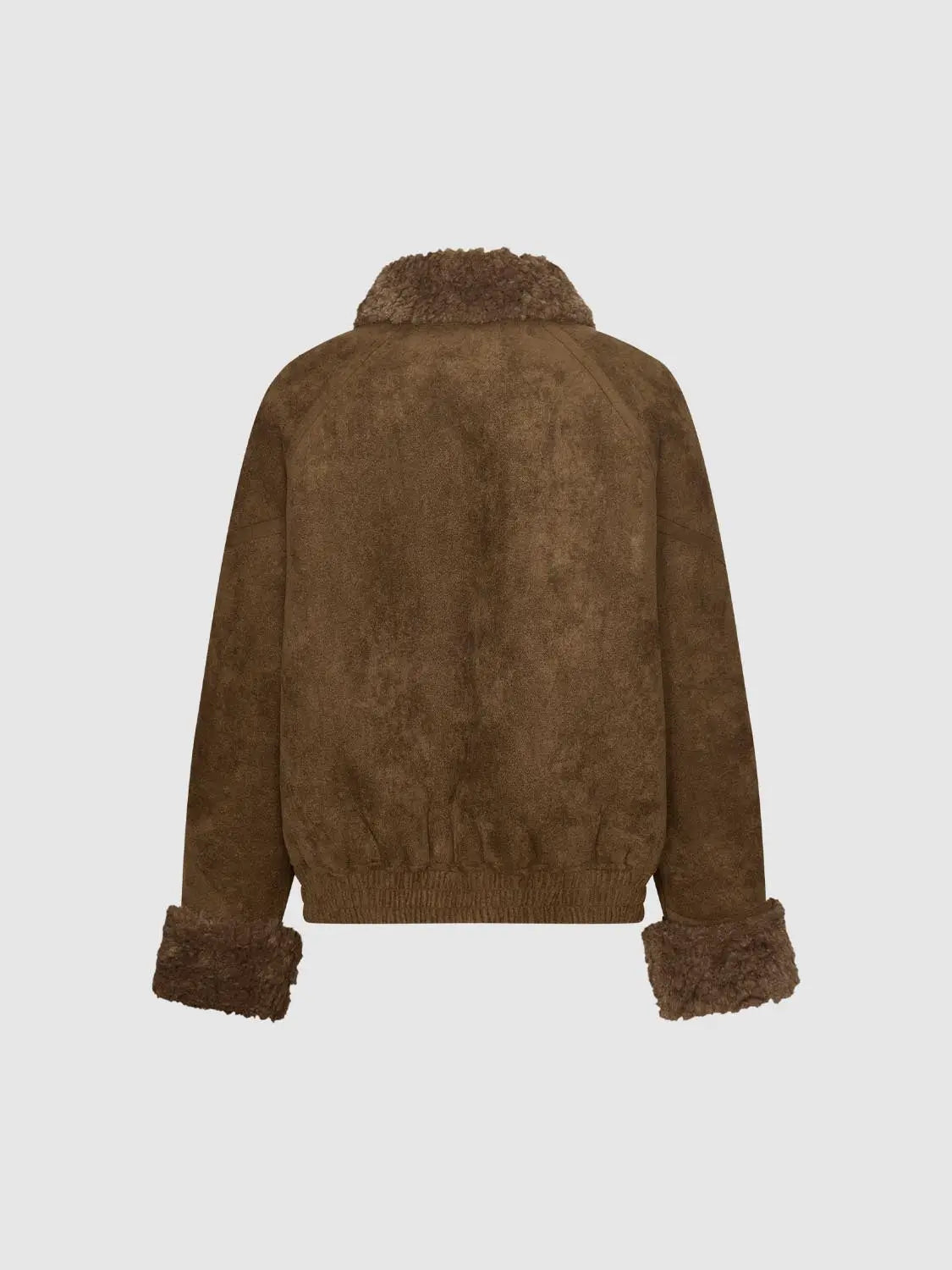 Jacket in brown suede with shearling collar and cuffs, back view, Urban Revivo Fashion.