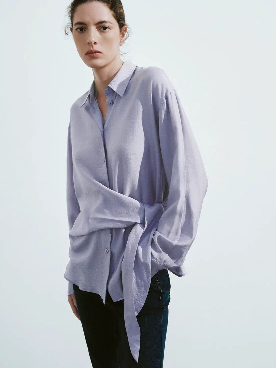 Tie Side Button Up Shirt With Waist Tie For Everyday – URBAN REVIVO