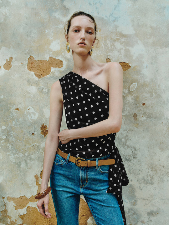 One Shoulder Off Polka Dot Blouses
