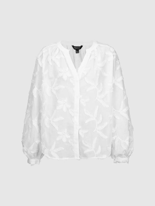 Notch Collar Floral Embroidery Long Sleeve Cotton Shirt