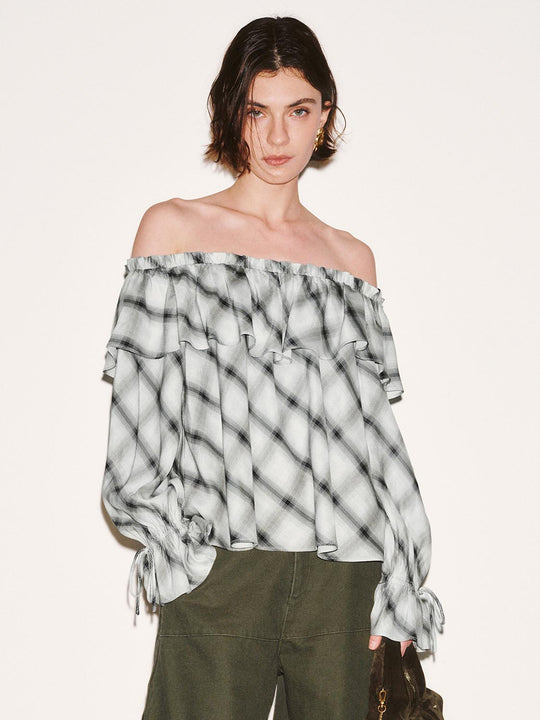 Off Shoulder Ruffle Detail Contrast Check Overhead Shirts