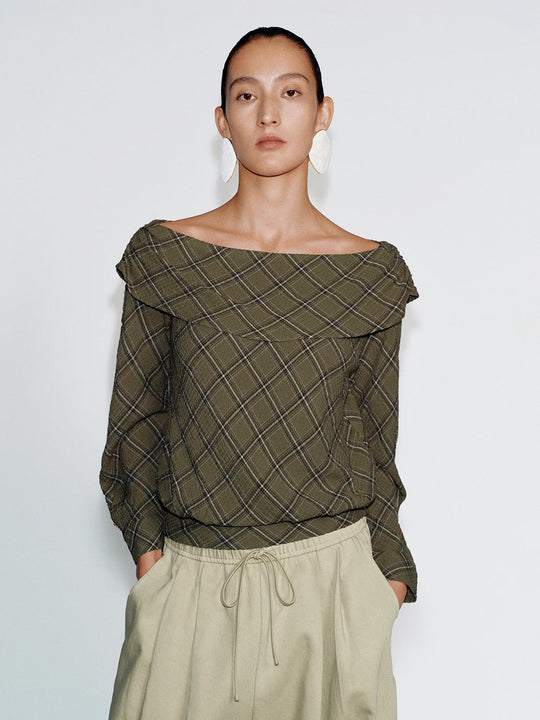 Folded Off Shoulder Check Long Sleeve Overhead Shirt