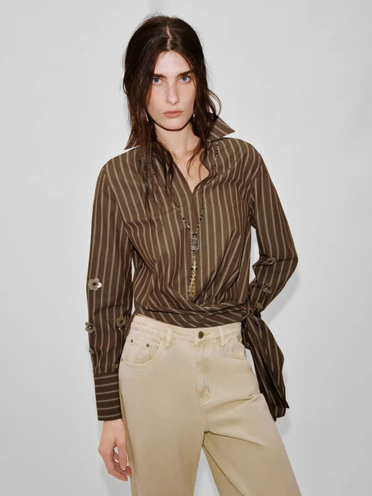 Striped Contrast Tie-Front Overhead Shirts