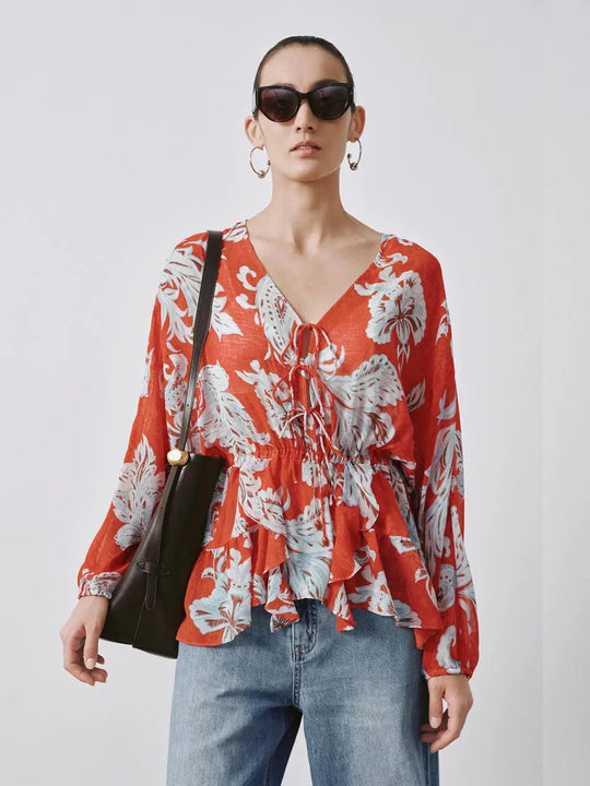 V-Neck Tie Detail Floral Intarsia Overhead Shirts