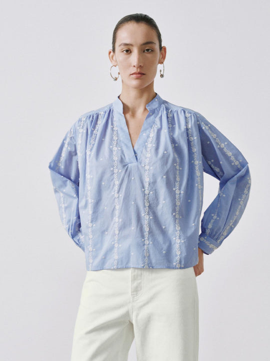Contrast Embroidered Striped V-Neck Overhead Shirts