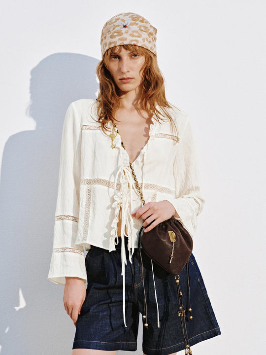 Ruffle Trim V-Neck Lace-Up Guipure Detail Shirts