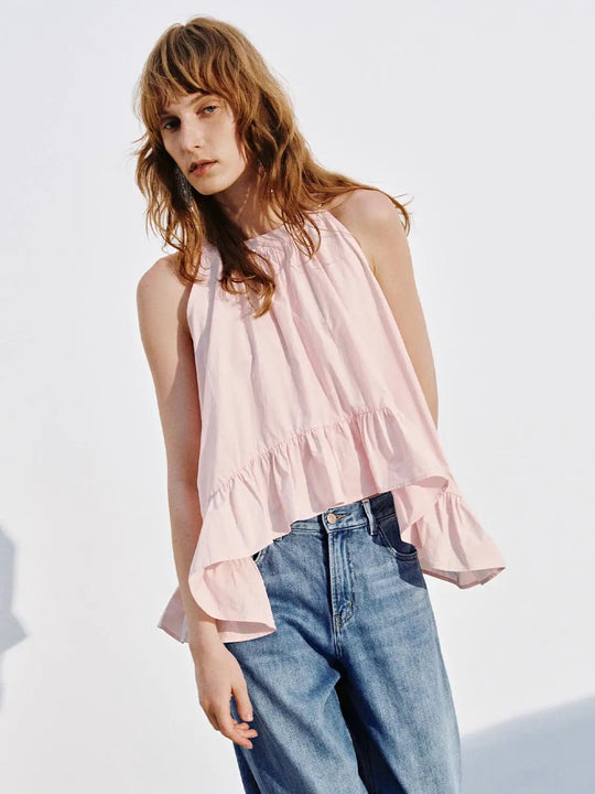 Ruffle Trim Crew Neck Sleeveless Overhead Shirt