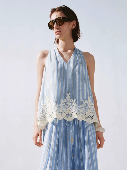 Viscose Linen Striped Lace Hem Sleeveless Top