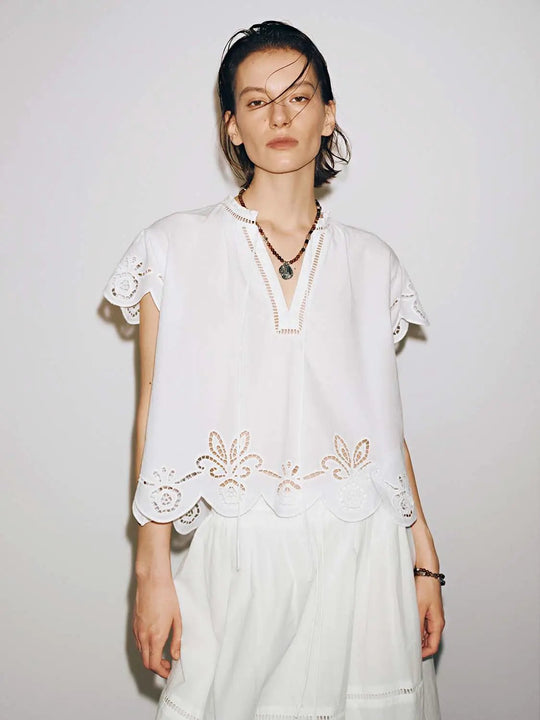 Guipure Lace Detail Ruffle Collar V-Neck Short Sleeve Shirts