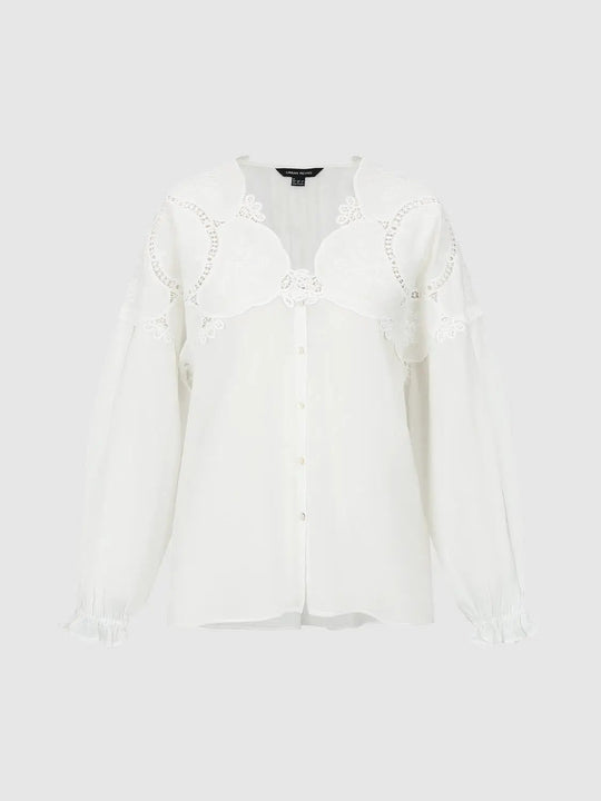 Lace Trim Ruffle Embroidered Cotton Shirts