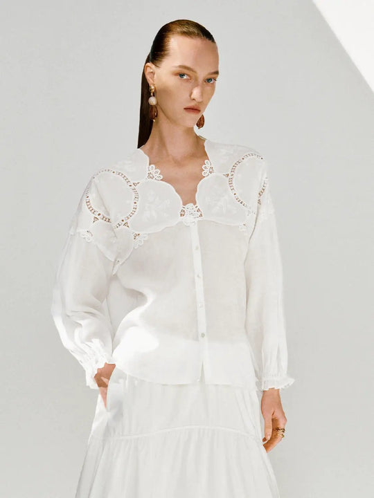 Lace Trim Ruffle Embroidered Cotton Shirts