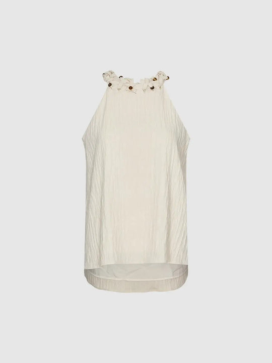 Viscose Linen Blend Bead Collar Sleeveless Shirts
