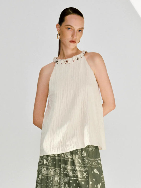 Linen Bead Collar Sleeveless Shirt