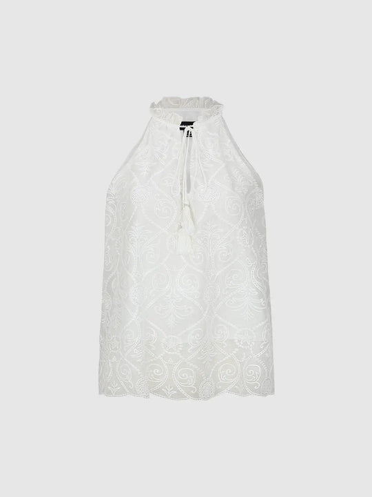 Lace Embroidered White Tassel Neck Tie Cami Tops