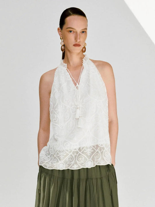 Lace Embroidered White Tassel Neck Tie Cami Tops