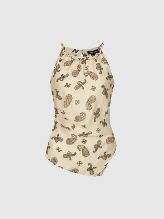 Beige Silk Satin Paisley Print Halter Sleeveless Overhead Shirts