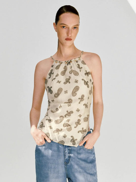 Beige Silk Satin Paisley Print Halter Sleeveless Overhead Shirts
