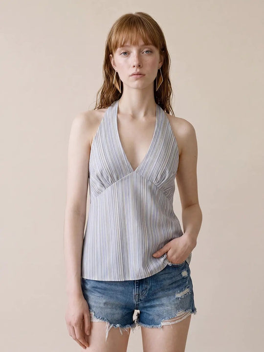 Striped Halter Neck Front Twist Cotton Camisole