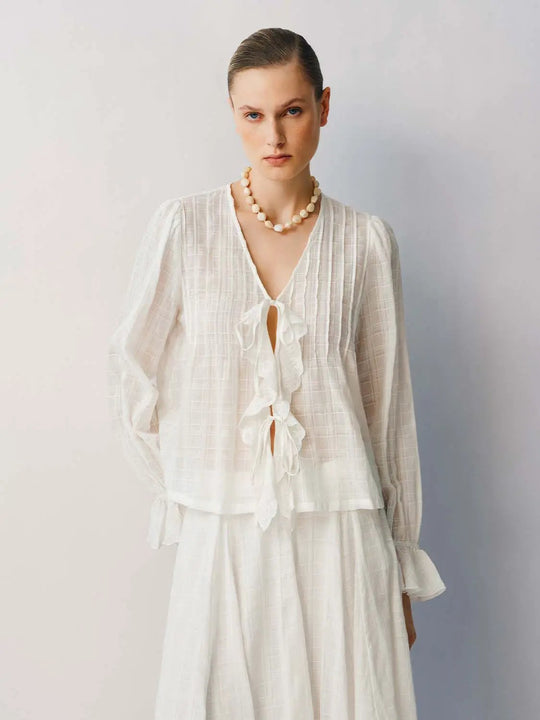 Ruffled Tie Front Long Sleeve Checked Cotton Blouse