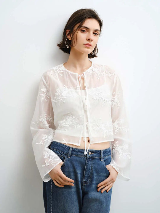 Embroidered Floral Tie Neck Shirt