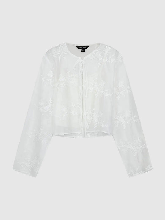 Embroidered Floral Tie Neck Shirt