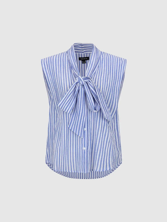Cotton Striped Tie Neck Front Button Sleeveless Detail Shirt