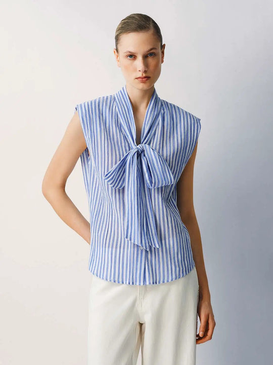 Cotton Striped Tie Neck Front Button Sleeveless Detail Shirt