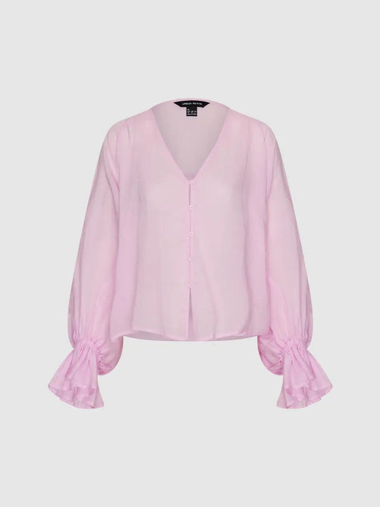 Ramie V-Neck Button-Front Puff-Sleeve Shirt