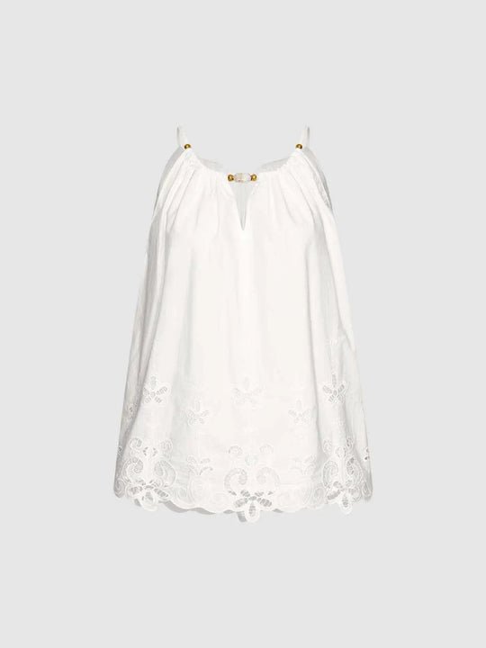 Cotton Eyelet Embroidery With Scalloped Lace Hem And Lightweight Silhouette Cami Top