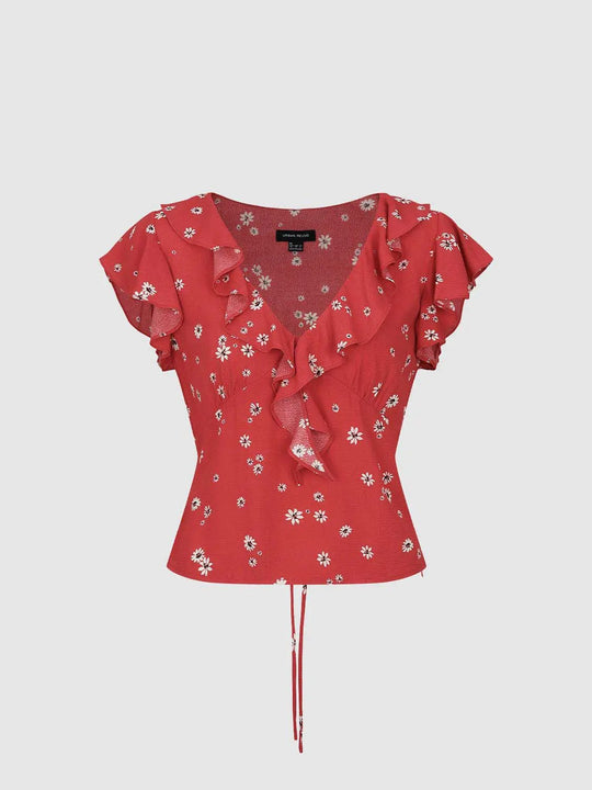 Lightweight Ruffle Wrap Floral V-neck Blouse