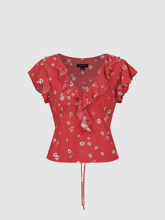Blouse fleurie légère portefeuille à volants et col en V
