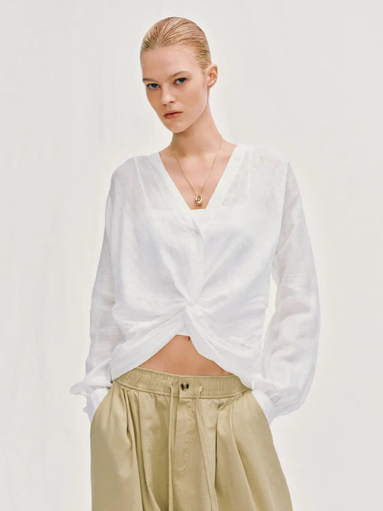 Overhead Twist Knot Front Ramie Long Sleeve Shirt