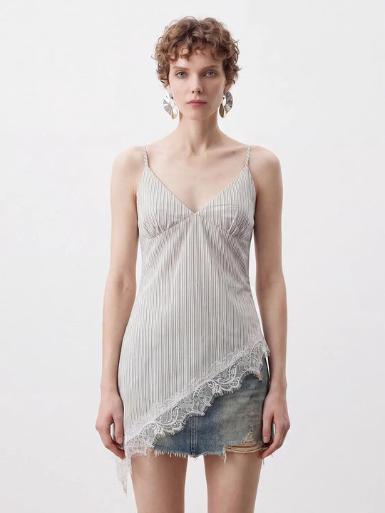 Striped V-neck Lace Hem Cotton-linen Camisole