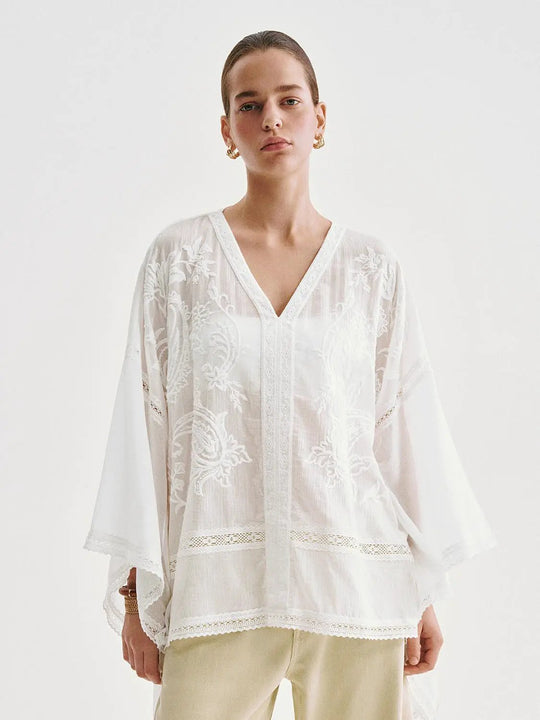 Embroidered Cotton Lace V-neck Blouse