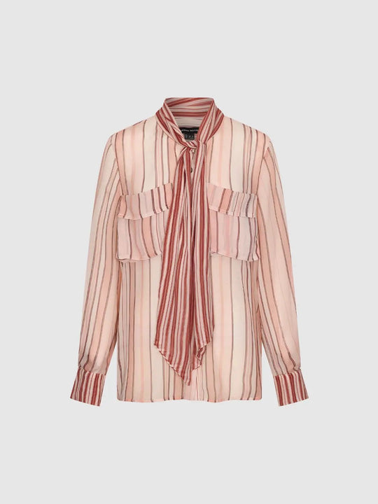 Striped Tie Neck Ruffle Pockets Long Sleeve Shirt