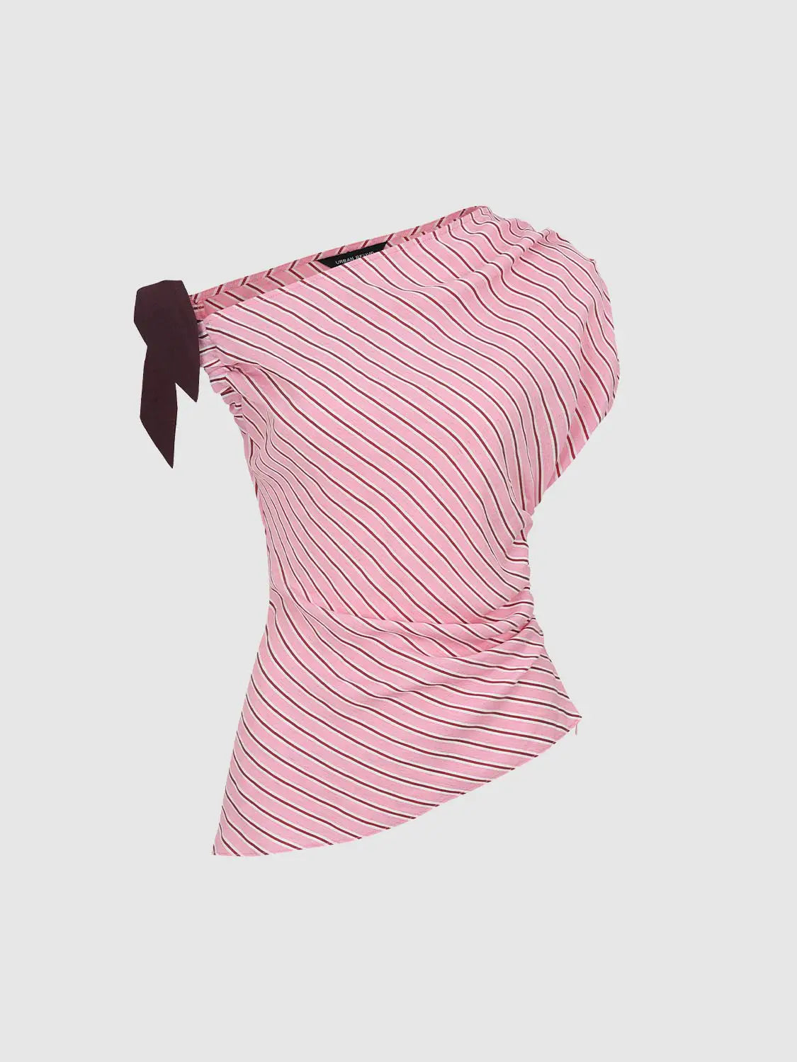 Blouse, pink striped one-shoulder with burgundy bow, Urban Revivo Fashion
