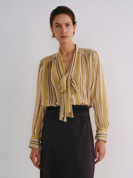 Striped Button Front Bow Neck Long Sleeve Shirt