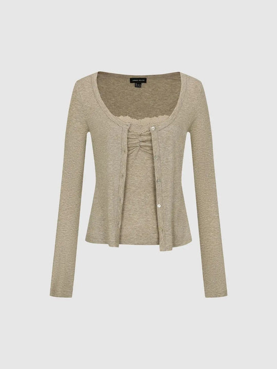 Ruched Lace Trim Long Sleeve Knit Cardigan