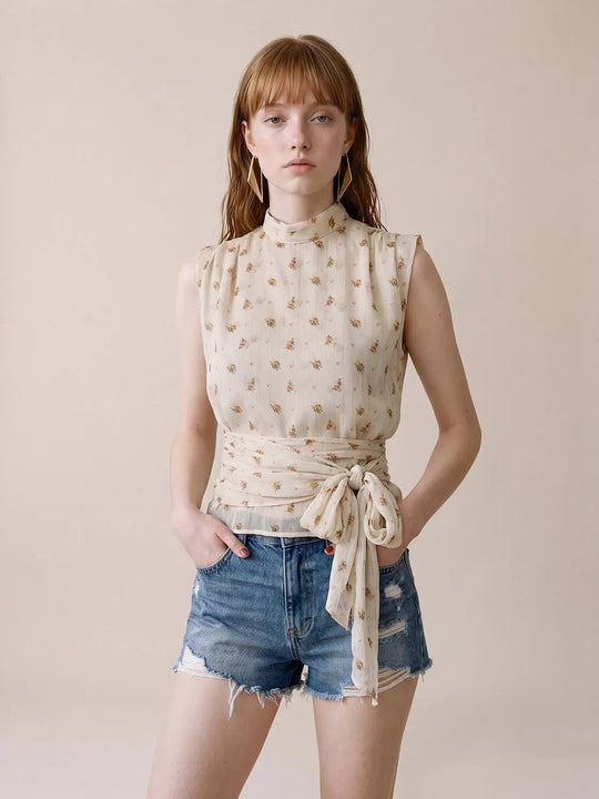 Floral Mock Neck Sleeveless Tie Waist Blouse