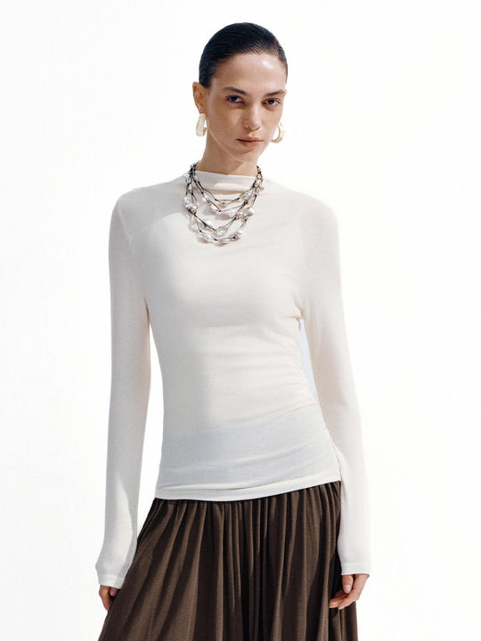 Ruched High Neck Long Sleeve T-Shirts