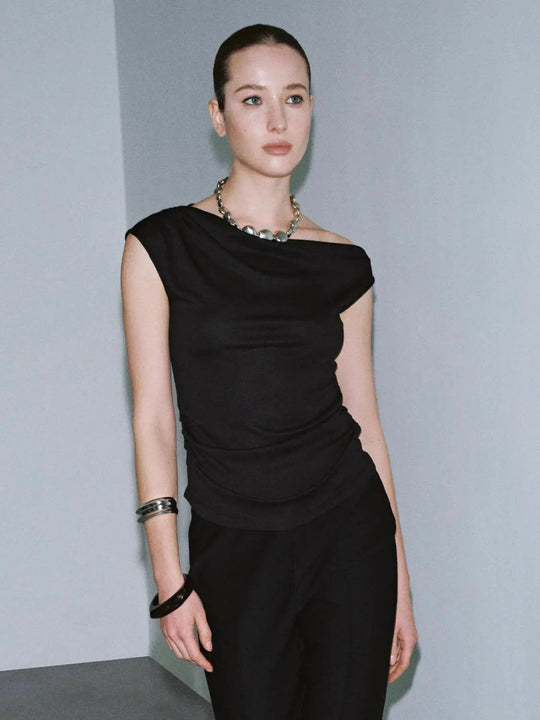 Asymmetric Neck Ruched Capped Sleeve Stretch Fabric T-Shirts