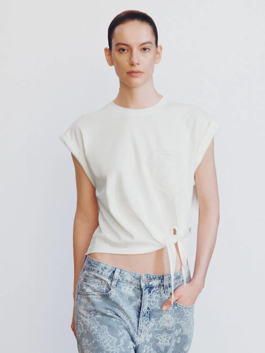Cotton Embroidered Tie Knot Asymmetric T-Shirt