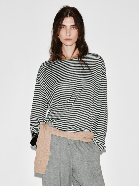 Crew Neck Striped Long Sleeve Knitted T-Shirts